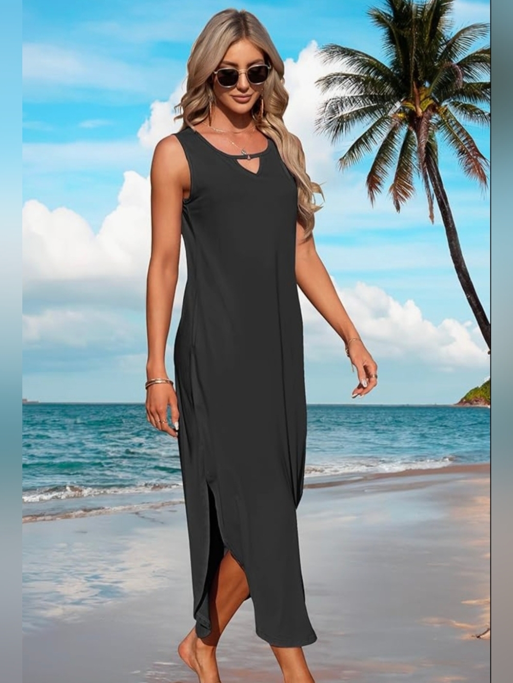 Sleeveless V-Neck Midi Dress with Side Slit - Black - Picture 2 of 3